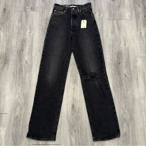 Levi's Casual Black Distressed Denim Super High Rise Ribcage Straight Leg Jeans